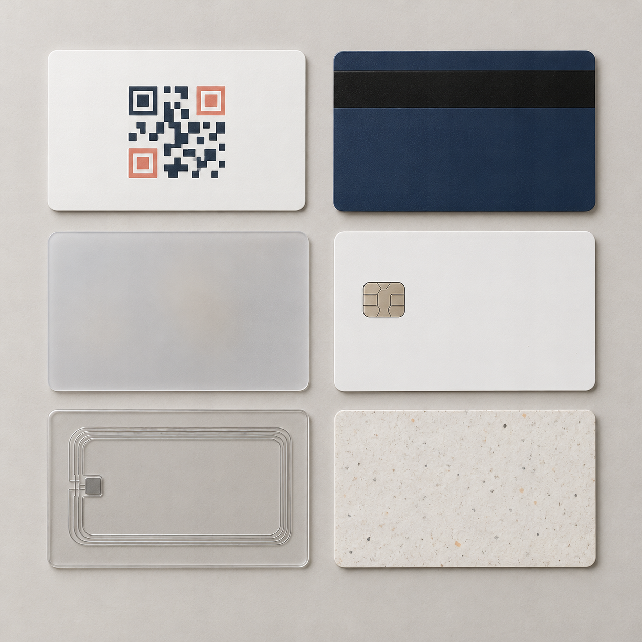 Six plastic card samples showing QR, magnetic stripe, chip, NFC, frosted and recycled-style options